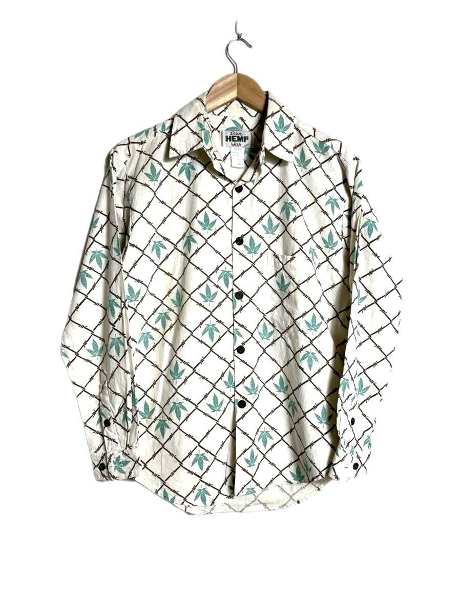 90s USA製 ビンテージ ISLAND HEMP WEAR ヘンプ 有刺鉄線 総柄 生成り 長袖 シャツ オフホワイト アロハ ハワイアン 麻 アイランドヘンプ拍卖