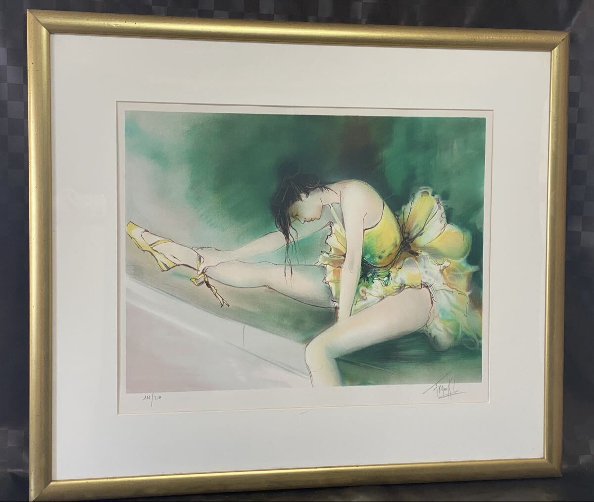 真作 リトグラフ フランク・エル 【緑の休息】 限定200部 直筆サイン 約12号大 バレリーナ 額縁 額装 インテリア 版画拍卖