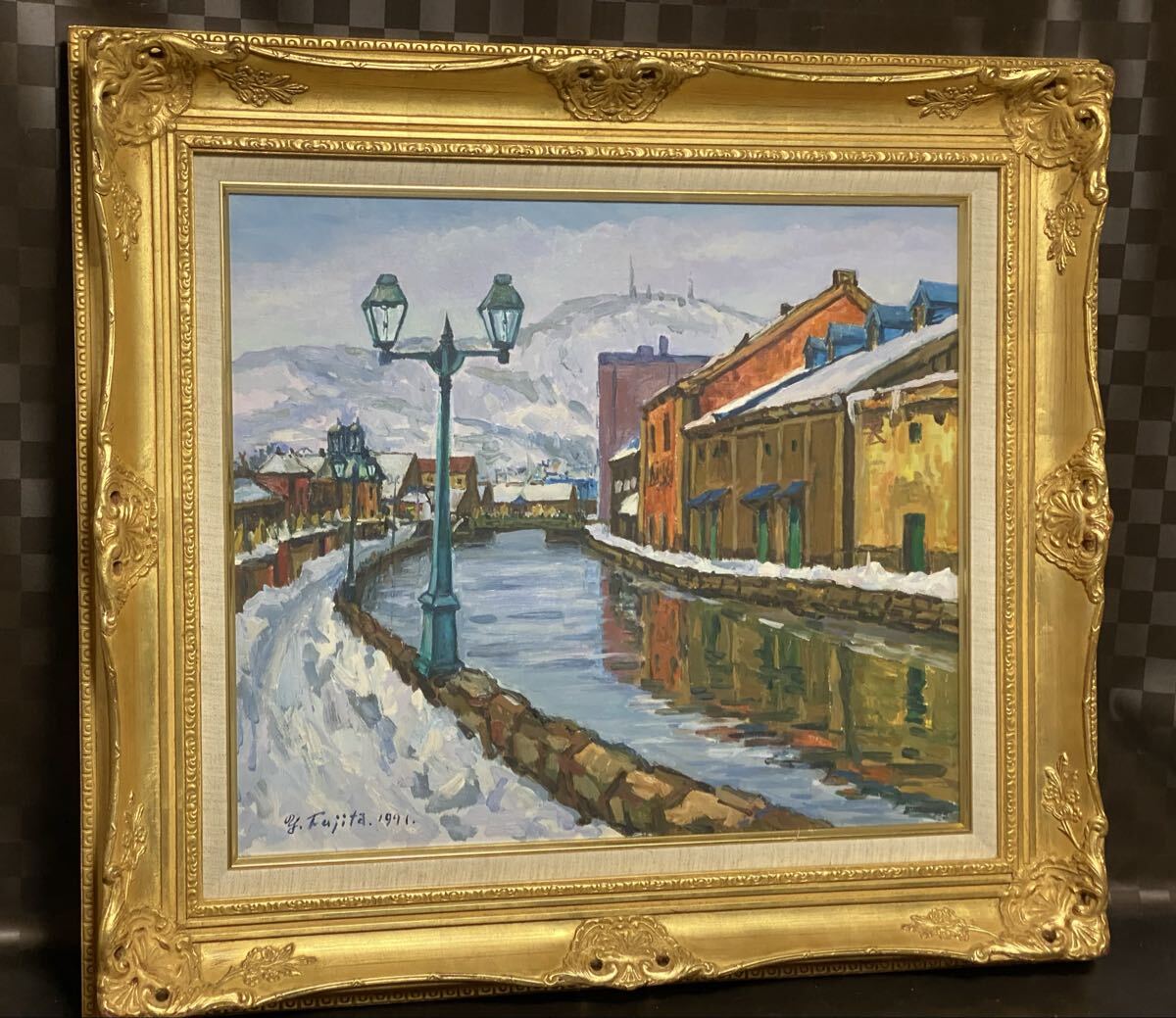 真作 油彩画 油絵 藤田勇一 【小樽運河】 F10号 風景画 額縁 額装 インテリア 旺玄会会員拍卖