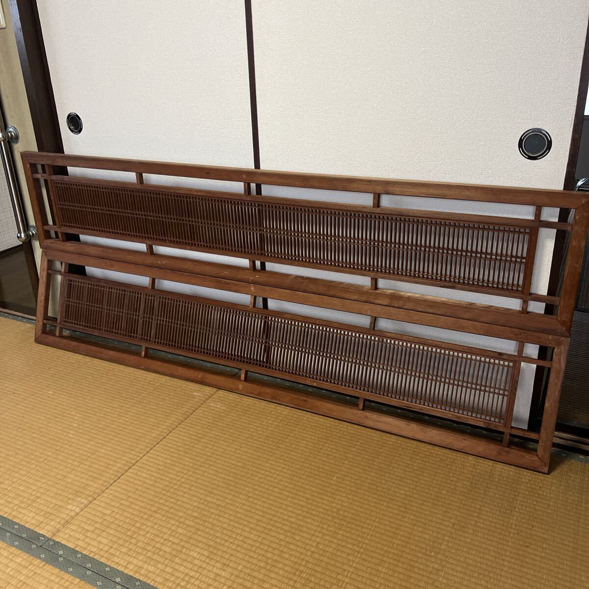 組子細工 木製欄間 建具 らんま 明り取り古民家 オブジェ レトロ アンティーク 2枚セット ⑤ 1855mm×363mm×27mm拍卖