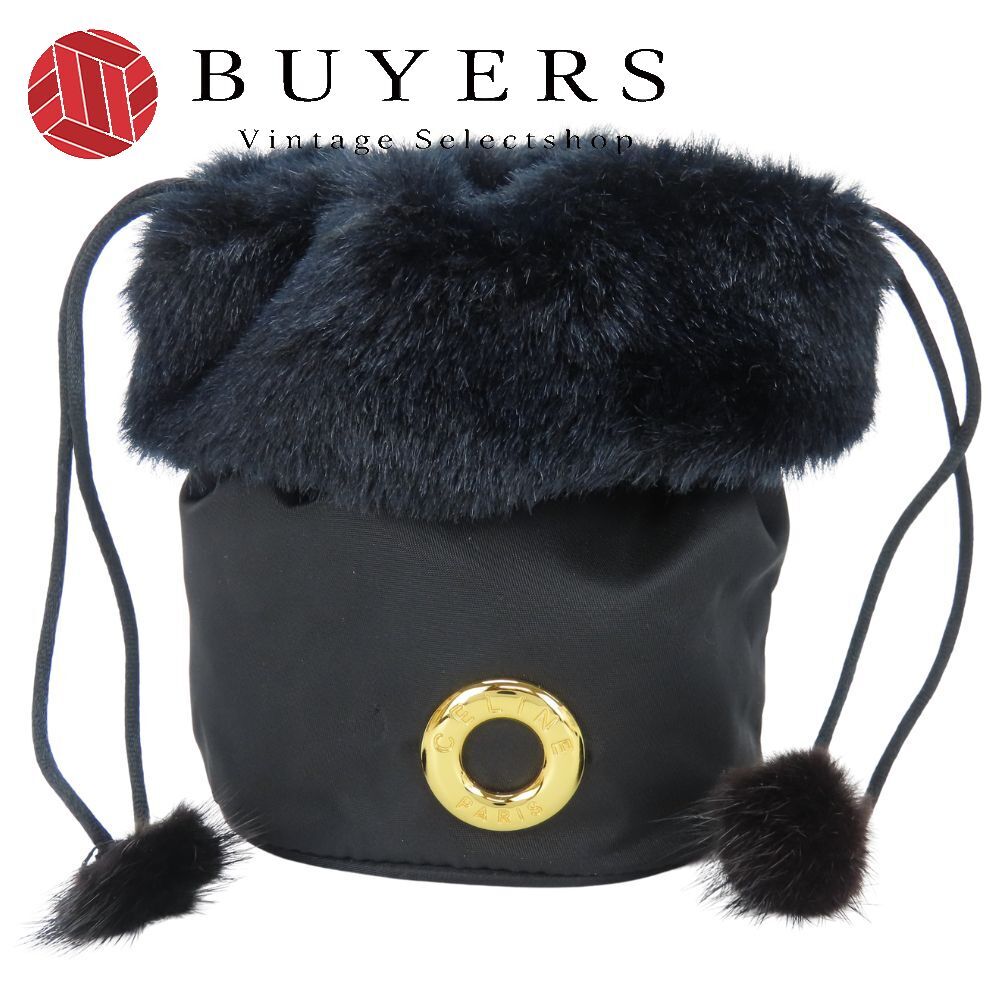 中古 セリーヌ ポーチ 巾着 ファー ナイロン ブラック ゴールド金具 ロゴサークル 小物入れ レディース 女性拍卖