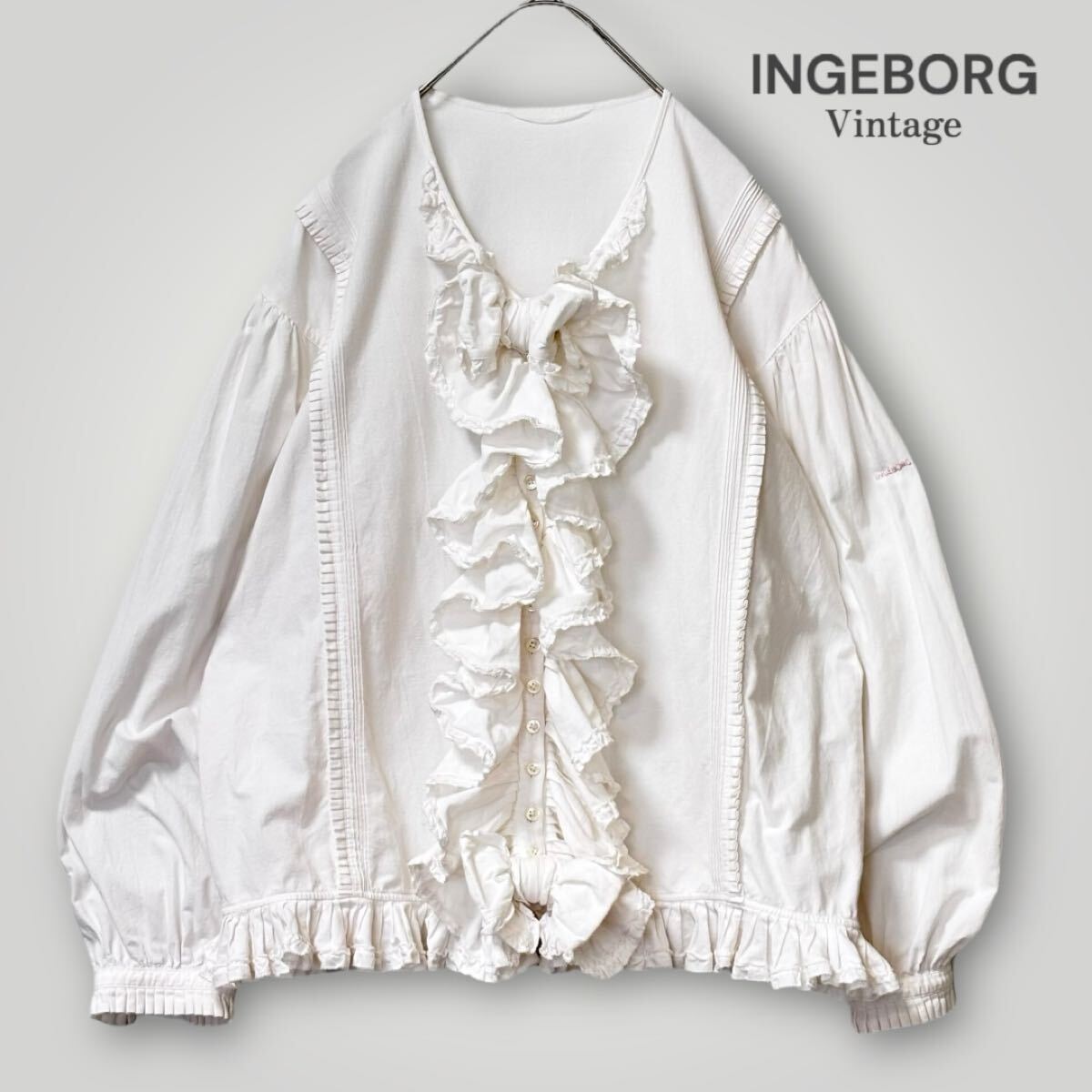 1960 【INGEBORG/インゲボルグ】フリルリボン ふんわりブラウス ヴィンテージ 刺繍ロゴ ピンタック 金子功 長袖 羽織り 前開き ホワイト 拍卖