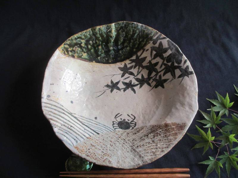 鉢 織部 蟹絵 九寸丸鉢 陶芸作家・佐藤和次作 S-603拍卖
