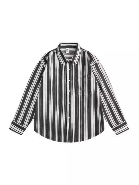 新作黒 白 ストライプ 綿 麻 新品 長袖シャツ 先染め 形態安定 春秋 リネン コットン メンズ 紳士 ボダンダウン ワイシャツ拍卖