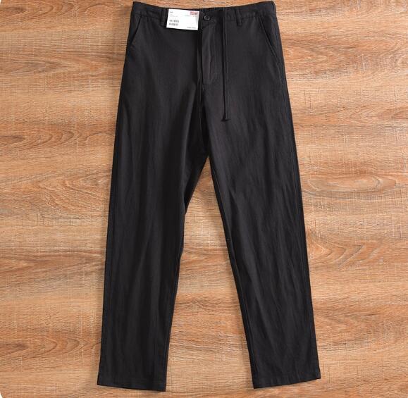 上質M ブラック 新品 リネン ストレートパンツ イージーパンツ 九分丈 綿麻混 通気 メンズ ビジネス サマー ウエストゴム カジュアル拍卖