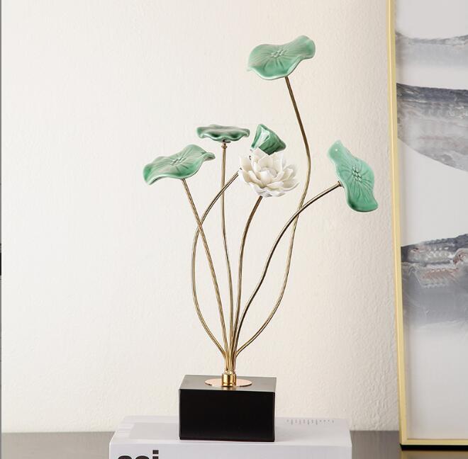 人気品フラワーオーナメント1PCE蓮の花彫刻モダン シンプルエレガントインテリア雑貨オブジェディスプレイ置物 ギフト グリーン/ホワイト拍卖