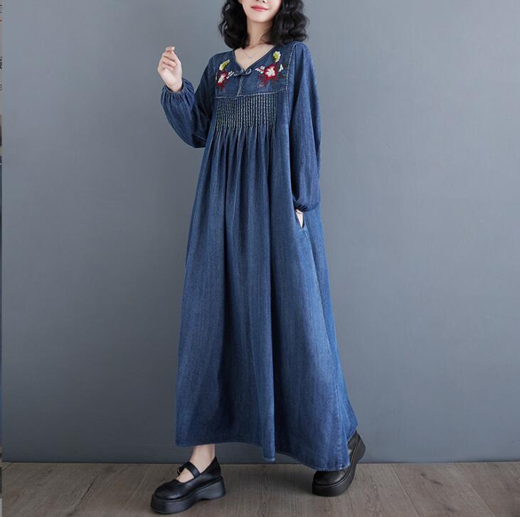 新入荷デニム ワンピース 長袖 カジュアル 刺繍り デニムワンピース ミモレ丈 ゆったり 体型カバー ロングワンピース おしゃれ L拍卖