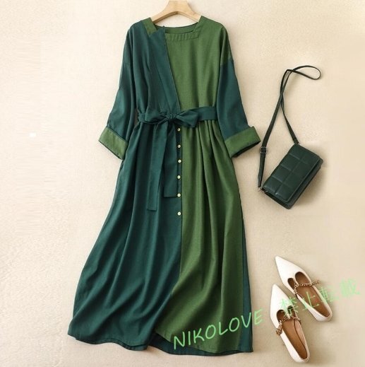 新品 ワンピースゆったり配色 切り替えワンピース長袖 復古風マキシ丈 大きいサイズ 着心地快適 大人 着やせ ロングワンピース拍卖