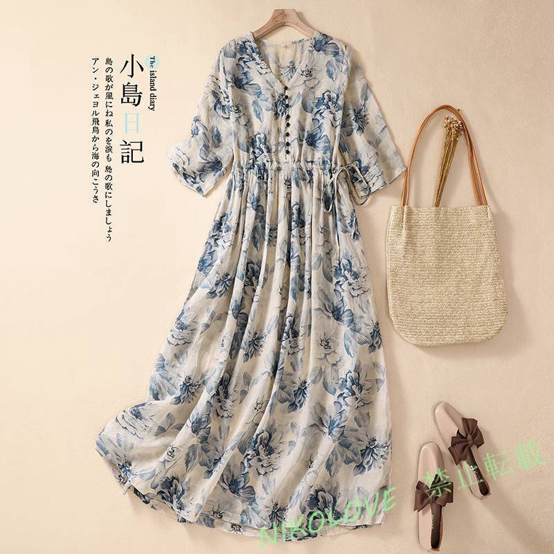 新品夏物 着やせ大人を素敵に見せる花柄プリント麻綿混ワンピース半袖レディースワンピース50代60代ファッションゆったりカジュアルLC294拍卖
