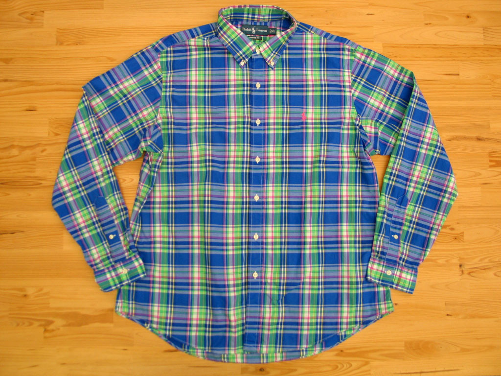 ポロラルフローレン 鮮やかなブルー グリーン ピンク イエロー 白 マルチ チェック長袖シャツ XLサイズ POLO RALPH LAUREN 薄手 希少カラー拍卖