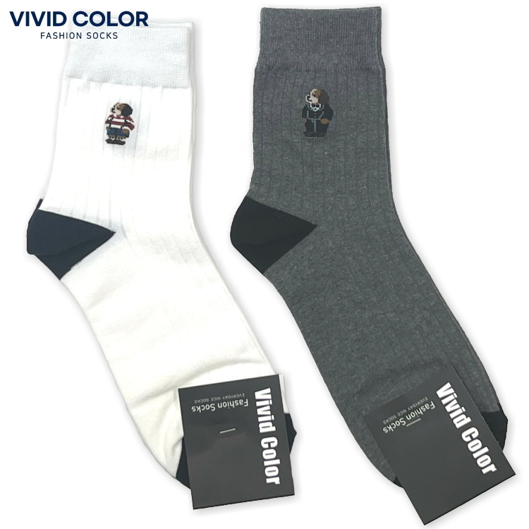 新品正規品 VIVID COLOR SOCKS ビビットカラーソックス ドック刺繍 スニーカーソックス クルーソックス 白 グレー 2足セット 25-28cm表記拍卖