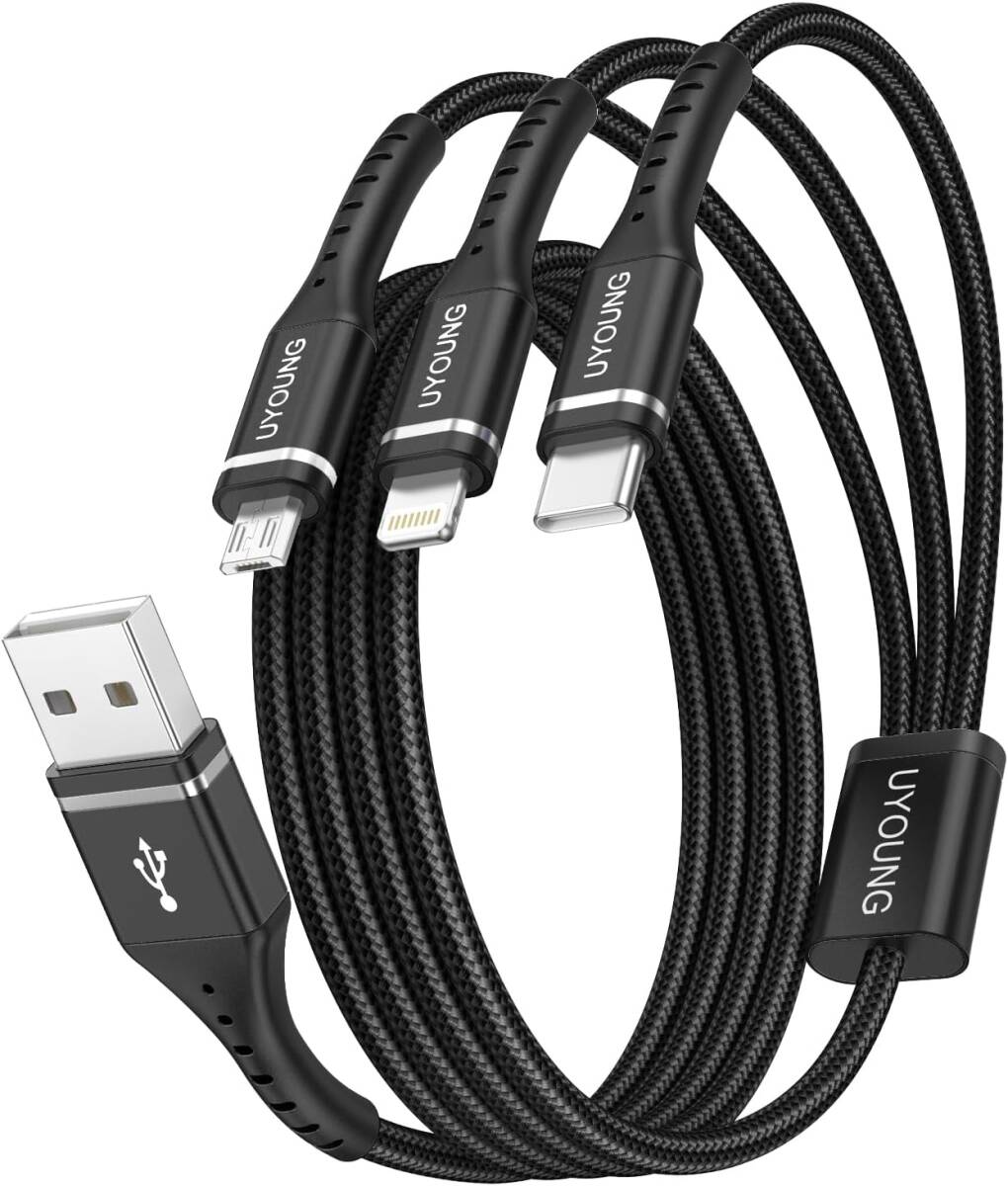 ブラック色 2本セット 3in1 充電ケーブル USBケーブル 3 in 1 充電コード 1.2m (ライトニング/USB-C/Micro USB端子) iPhone 拍卖