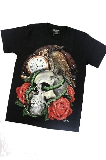 【新品】ドクロ ローズ 3D Tシャツ 半袖【S】黒◆SKULL ROSE 骸骨 ロック ヘビメタ ストリート ヒップホップ ダンス DJ 男性 女性拍卖