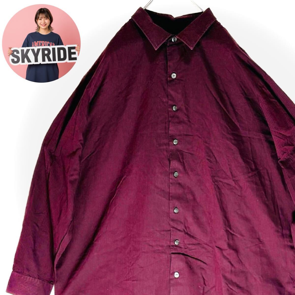 【人気】Van Heusen ヴァンヒューゼン 長袖シャツ 赤 ワインレッド ストライプ メンズ 2XL ビッグシルエット 大きいサイズ 古着 #SB0226拍卖