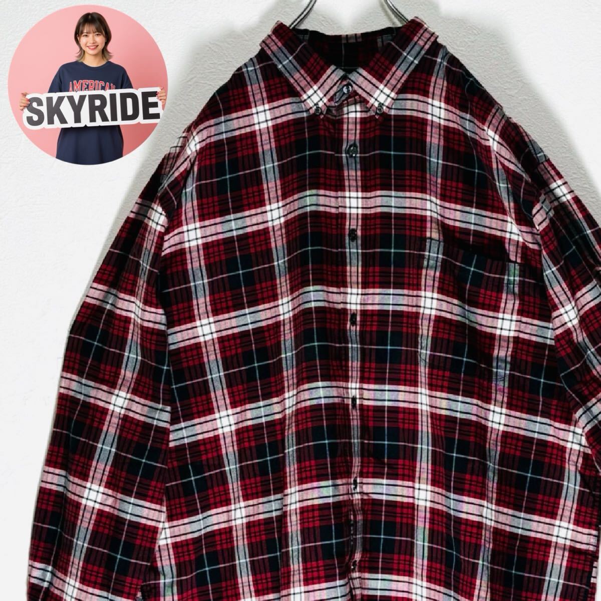 【定番】ST JOHN’S BAY セントジョンズベイ メンズ ネルシャツ 長袖シャツ 赤 チェック 2XL ビッグシルエット ボタンダウン 古着 #SB0230拍卖