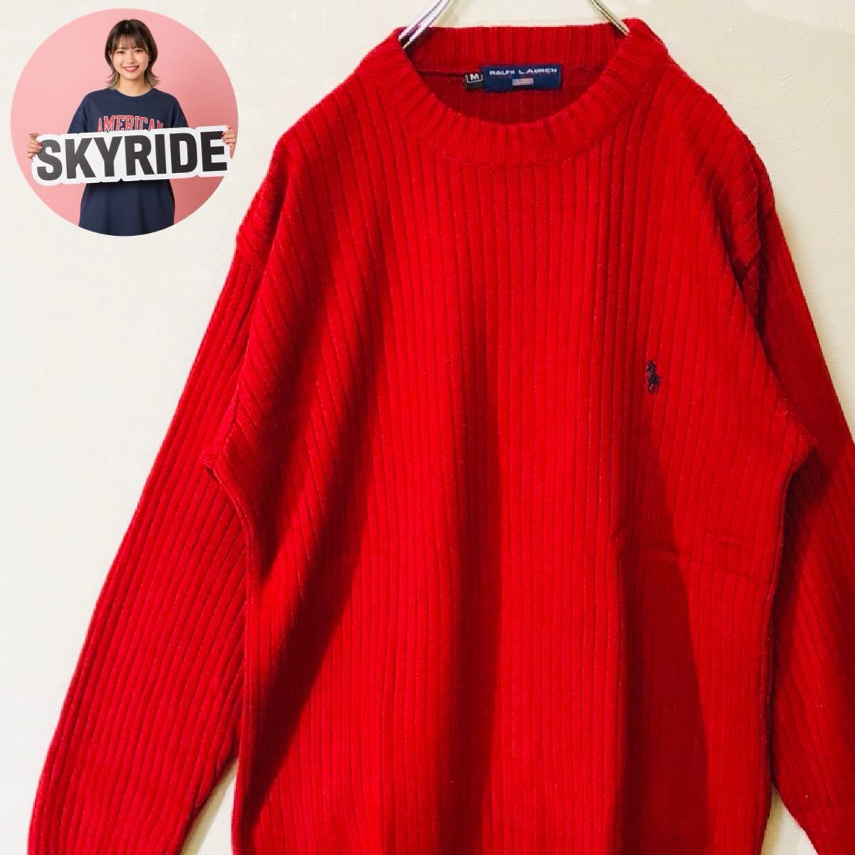 【人気】Ralph Lauren POLO SPORT ラルフローレン 90s メンズ セーター レッド M ワンポイント刺繍ロゴ ビッグシルエット 古着 #TT0301拍卖