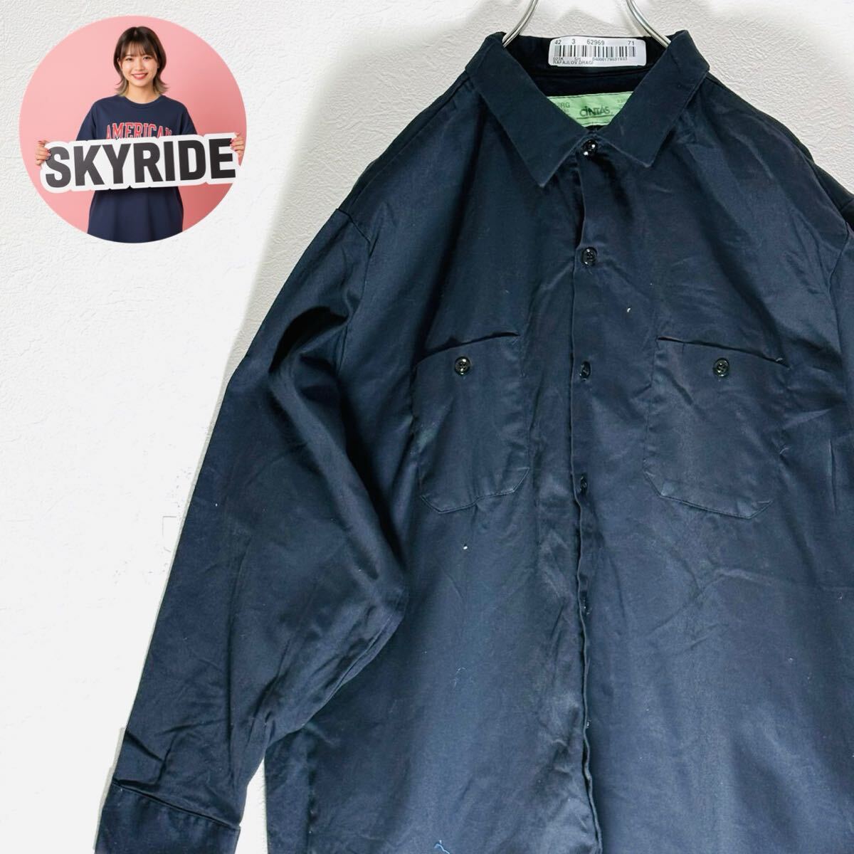 【人気】【定番】Cintas シンタス 2000s メンズ 長袖シャツ ネイビー 2XL ビッグシルエット ワークシャツ コットン100% 古着 #SB0233拍卖
