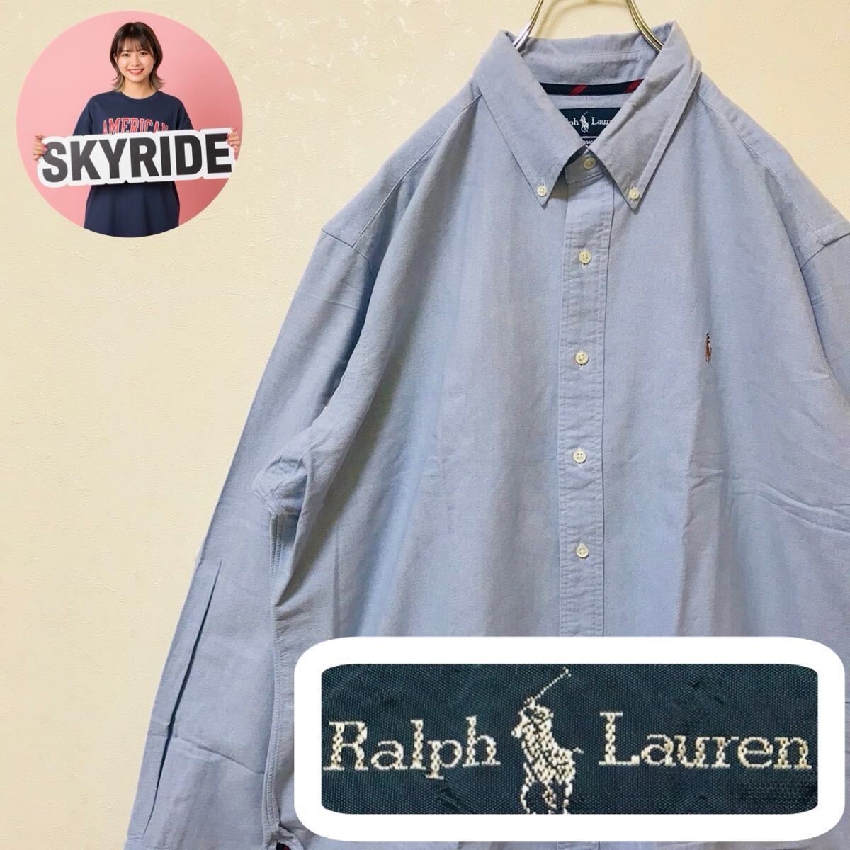 【美品】RALPH LAUREN ラルフローレン 2000s 長袖シャツ ボタンダウン ブルー XXL ポニー刺繍 コットン100% ビッグシルエット 古着 #TT0337拍卖