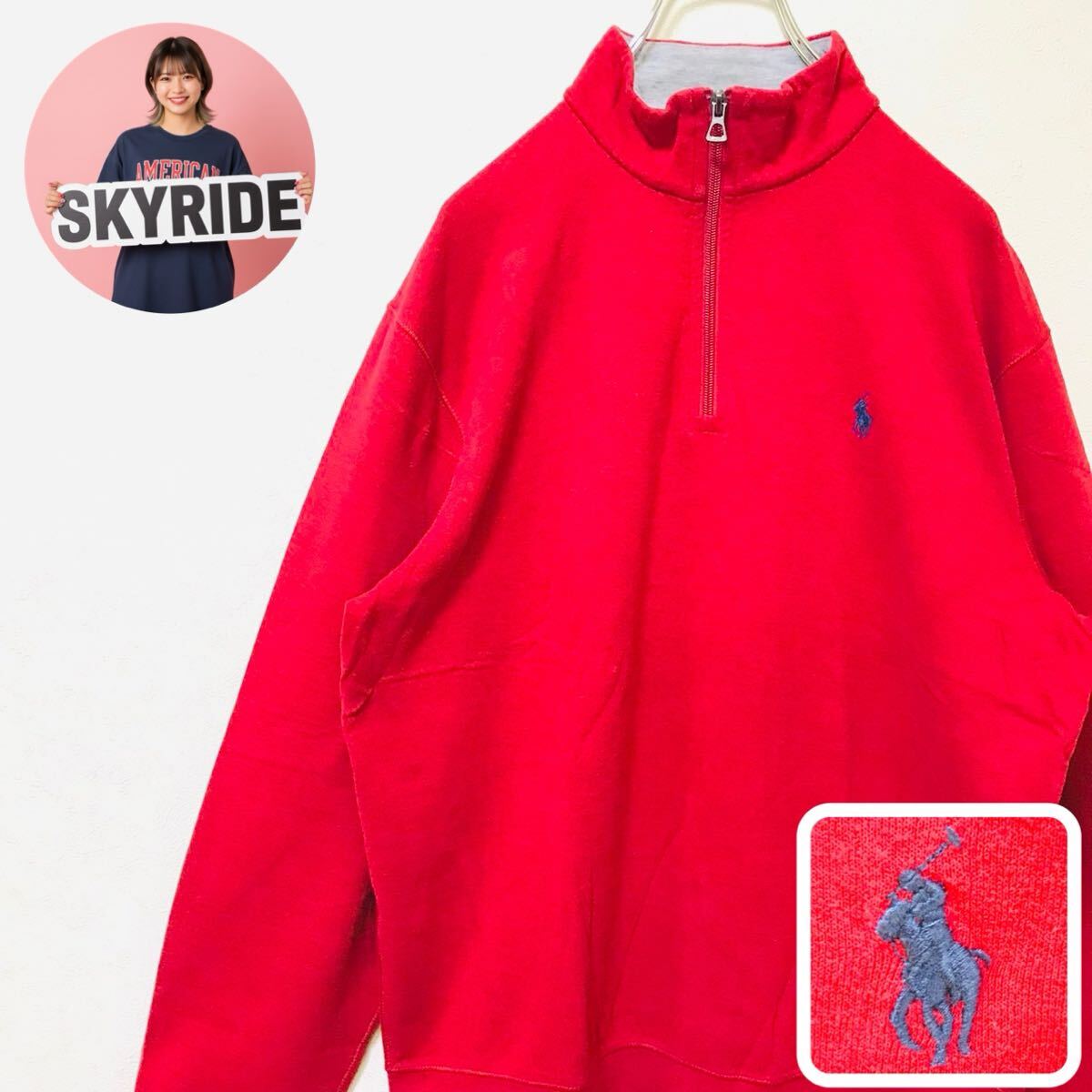 【人気】Polo Ralph Lauren ポロラルフローレン 2000s スウェット レッド M ハーフジップ ポニー刺繍 ワンポイント コットン 古着 #TT0368拍卖