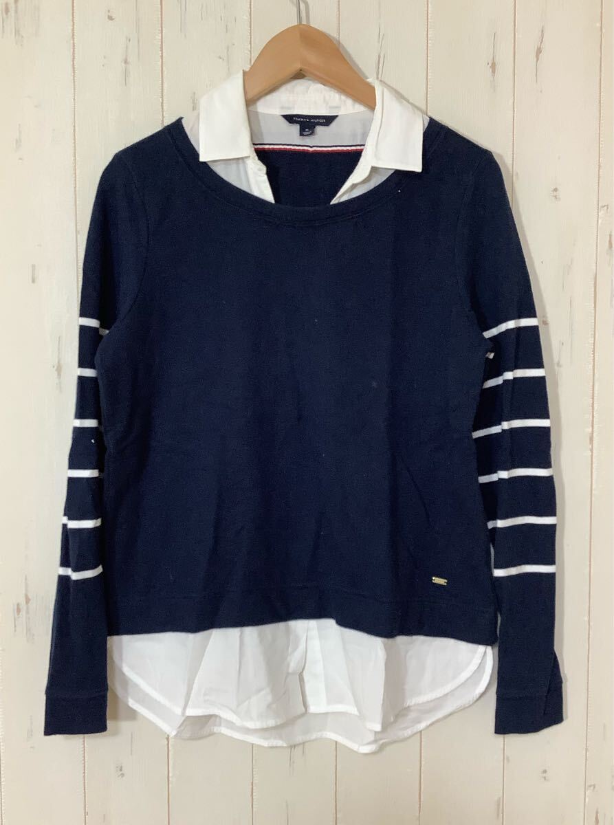 う1755 TOMMY HILFIGER トミーヒルフィガー 長袖シャツ M レディース ネイビー/ホワイト レイヤードテイスト 拍卖