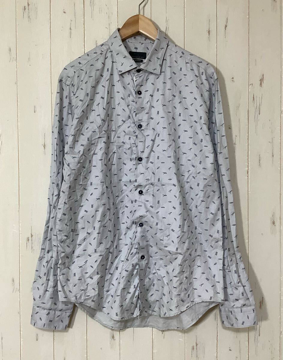 う1742 ZARA MAN ザラマン 総柄 長袖シャツ L グレー スリムフィット 拍卖