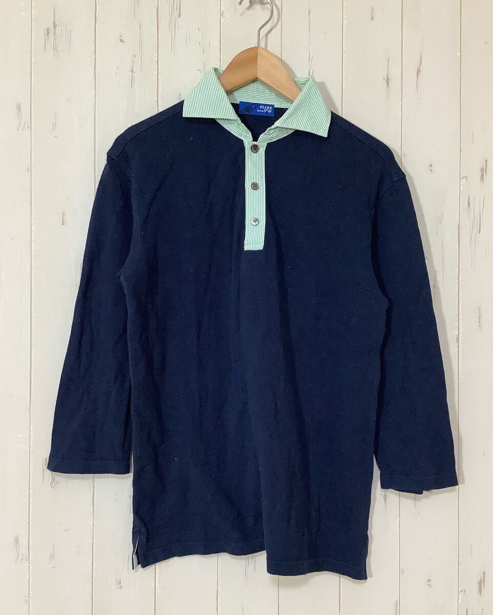 い1753 BEAMS ビームス 長袖ポロシャツ M ネイビー 日本製 拍卖