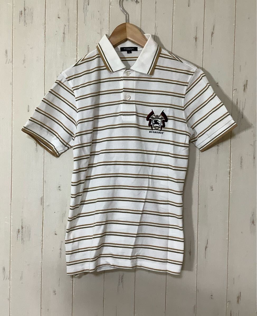 ろ1638 BURBERRY LONDON バーバリーロンドン ボーダー 半袖ポロシャツ M ホワイト 日本製拍卖