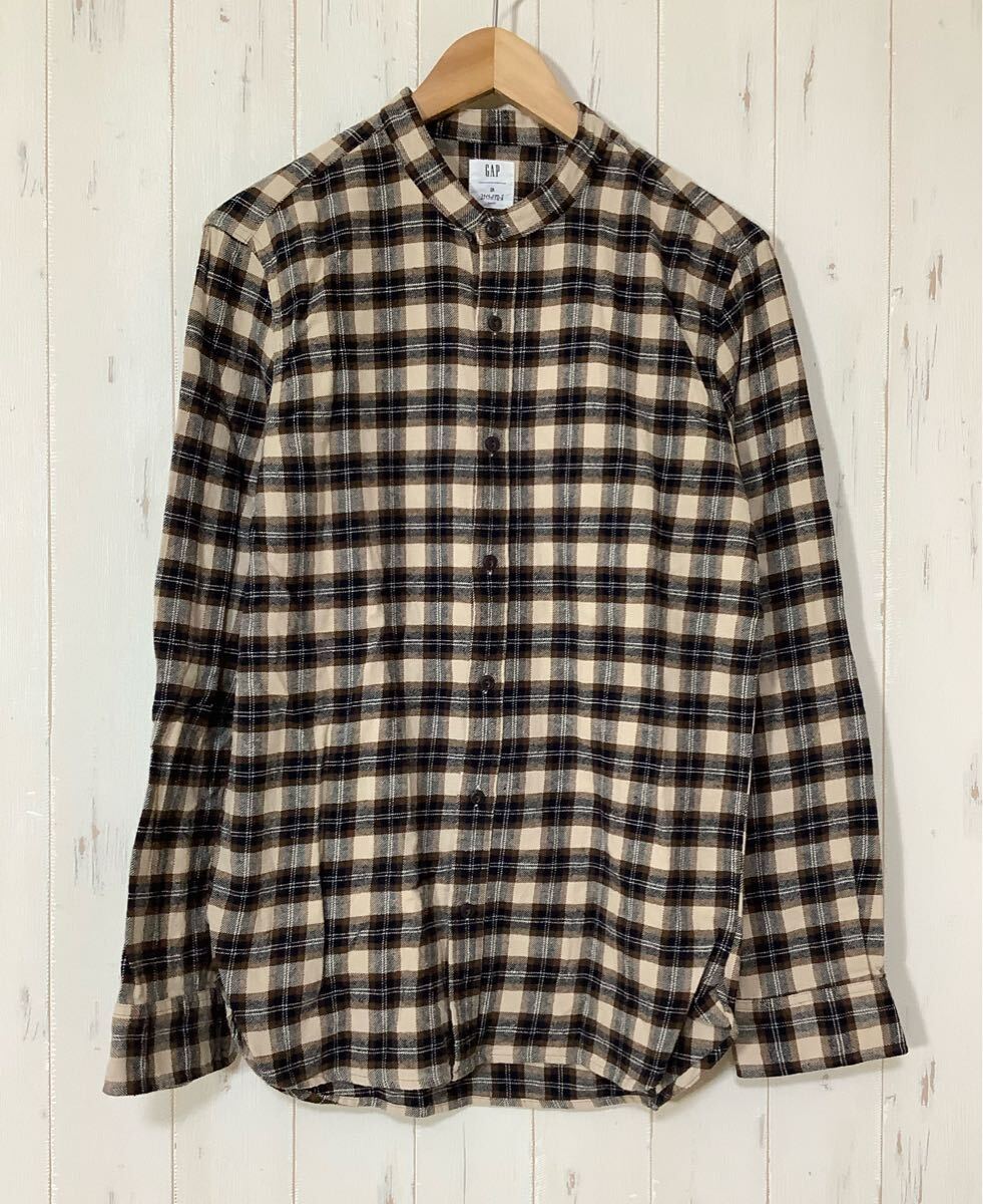 い1730 GAP ギャップ ユナイテッドアローズ コラボ バンドカラー チェック 長袖シャツ S ブラウン/ベージュ拍卖