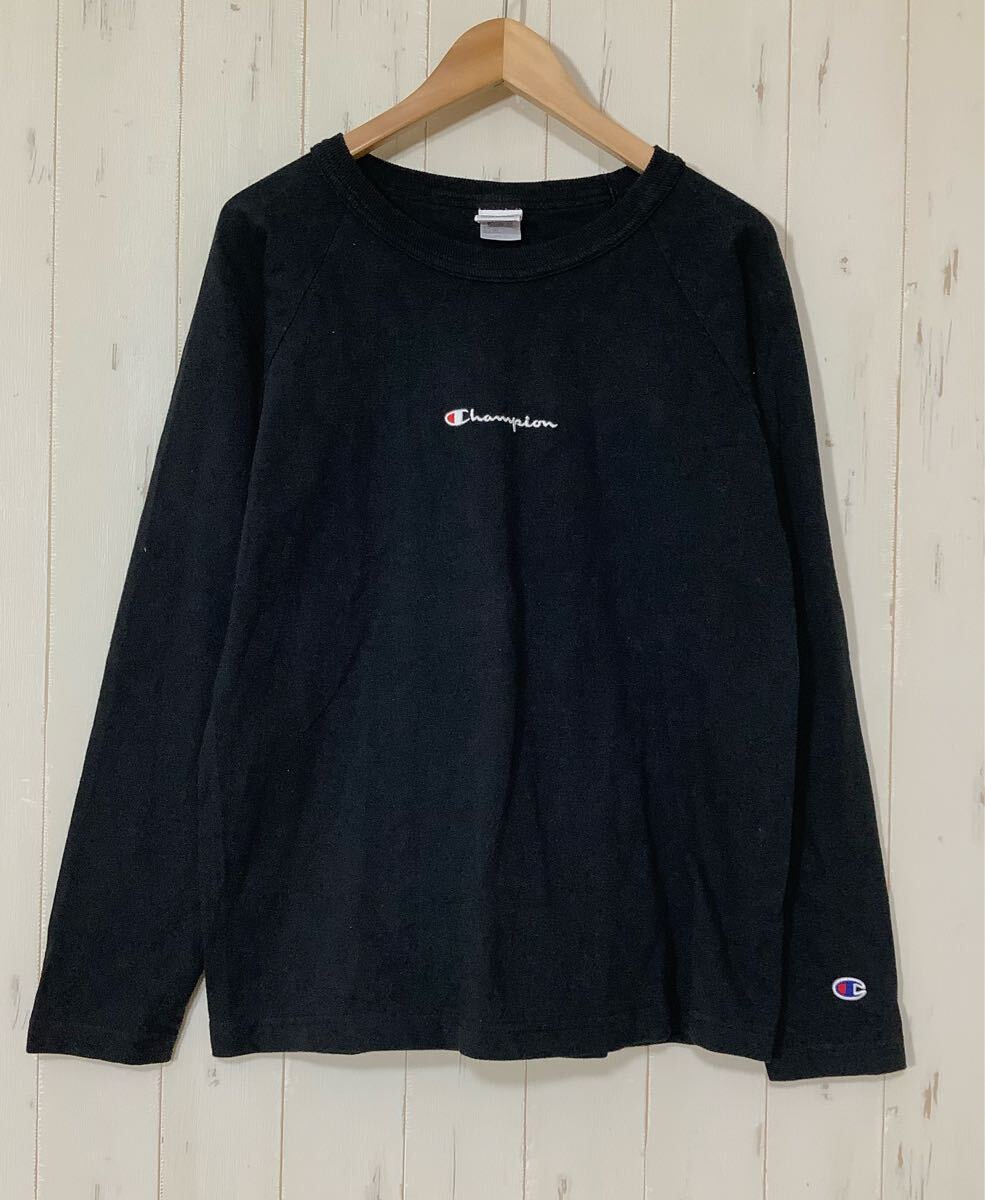 お1739 USA製 Champion チャンピオン T1011 長袖Tシャツ ロンT M ブラック ロゴ刺繍 拍卖