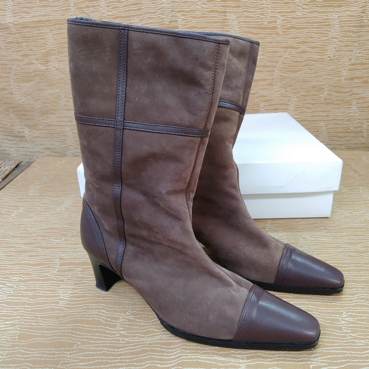 【RIZ ミドルブーツ 23.5cm】2E リズ 日本製 レディース ブーツ ブラウン 滑りにくい 靴 ヒール ファー【A6-2①】0909拍卖