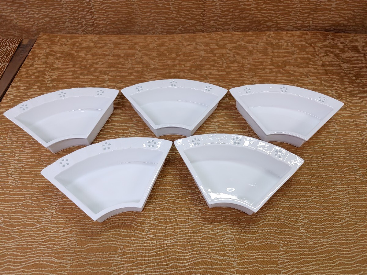 【蛍手 扇形深皿 5枚】中古品 蛍焼 花びら 透かし彫り 陶器 陶印有 和食器 食器 皿 【B8-3④】0918拍卖