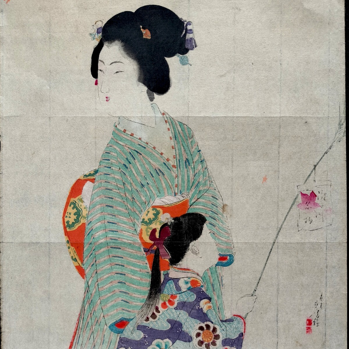 口絵!明治期/真作 水野年方「お祭り」本物浮世絵木版画 美人画 錦絵 中判 裏打ち拍卖