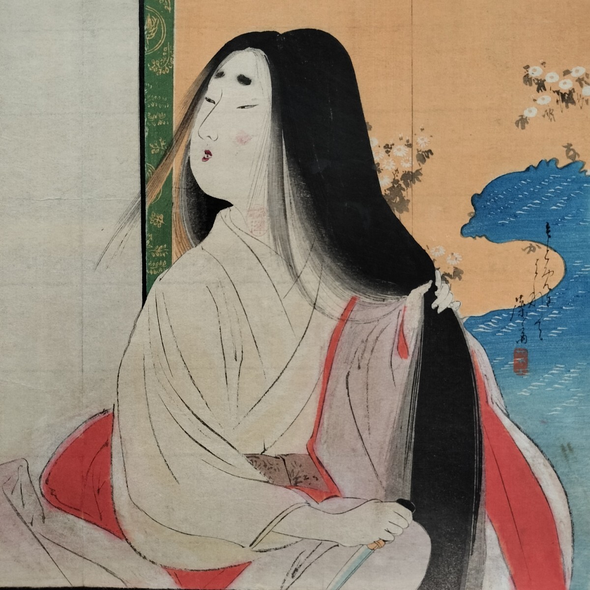 口絵!明治期/真作 富岡永洗「袈裟御前」本物浮世絵木版画 美人画 錦絵 中判 裏打ち拍卖