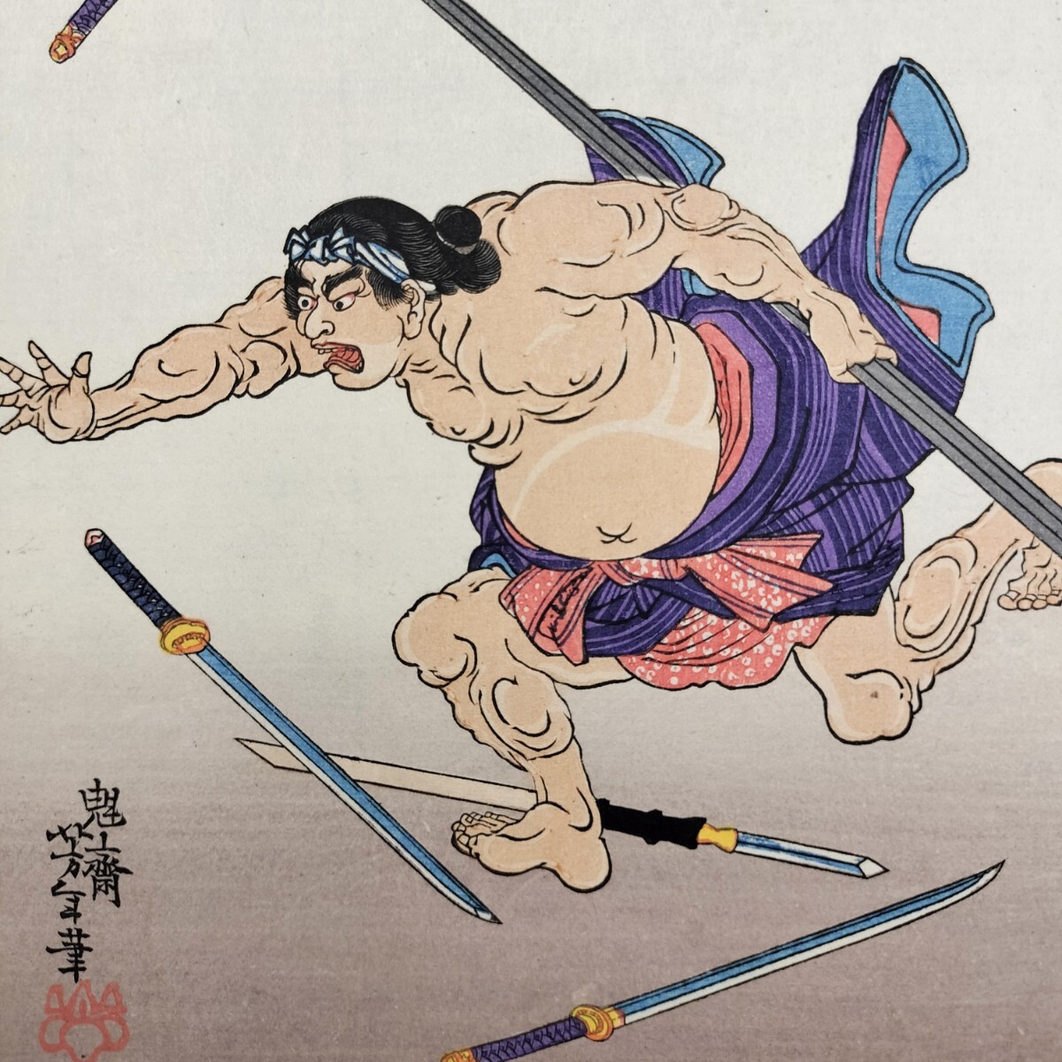 明治期/真作 月岡芳年「近世侠義伝 神楽獅子代八」本物浮世絵木版画 武者絵 錦絵 中判 保存良い拍卖