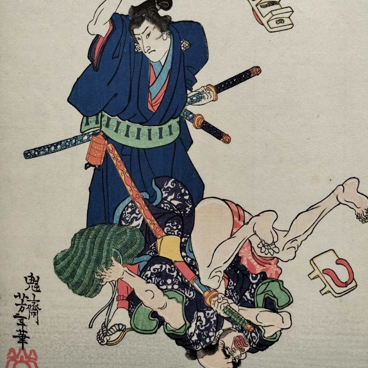 明治期/真作 月岡芳年「近世侠義伝 滑方紋弥」本物浮世絵木版画 武者絵 錦絵 中判 保存良い拍卖