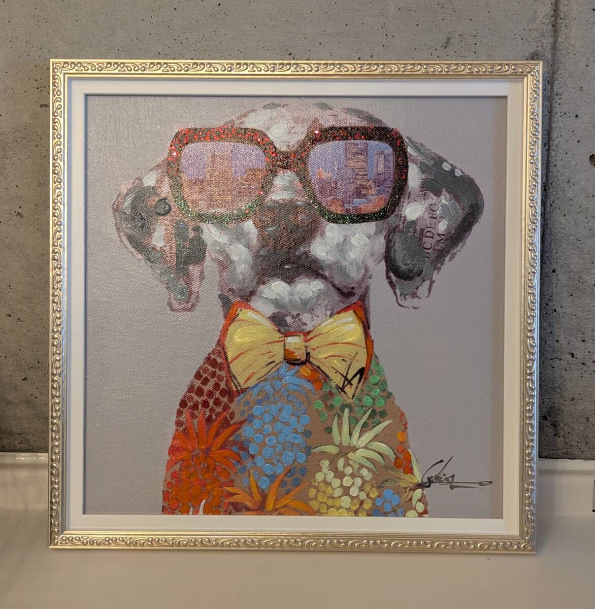 美品 オイルペイント アート ビュー シティー ドッグ 絵画/絵/犬/サングラス/ブランド/オシャレ拍卖