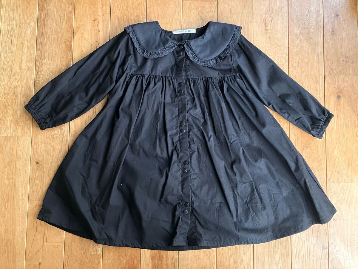 美品 女の子 キッズ 長袖 襟付き シャツワンピース 黒 100センチ拍卖