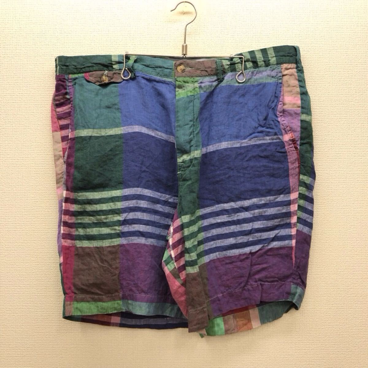 【GI075】POLO RALPH LAUREN W38 チェック柄リネンハーフパンツ ブルー マルチカラー 薄地 麻100% ブランド古着 ラルフローレン 送料無料拍卖