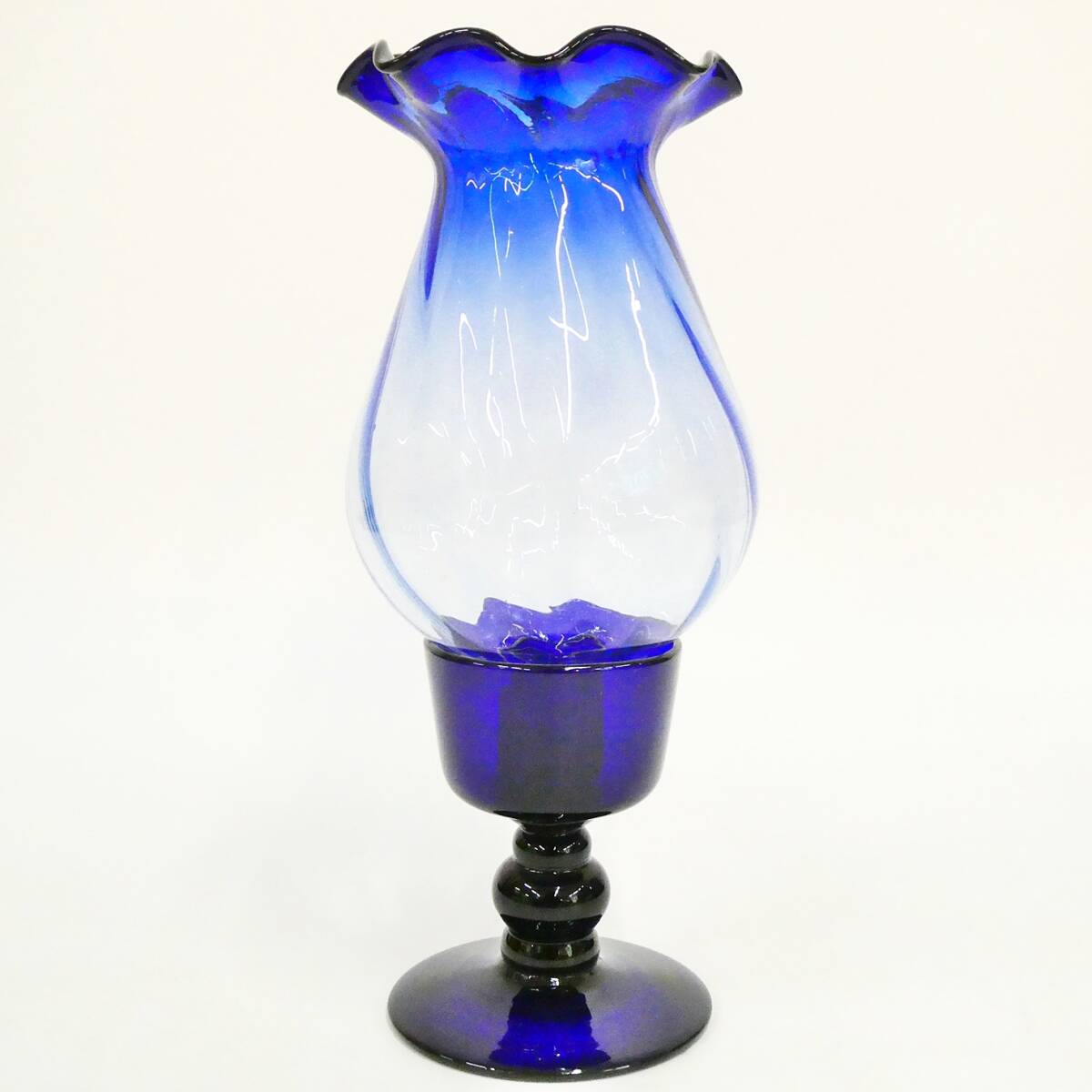 コバルトブルー 二段花瓶 オブジェ 高さ約38cm 花器 ガラス工芸 インテリア Kキ00拍卖