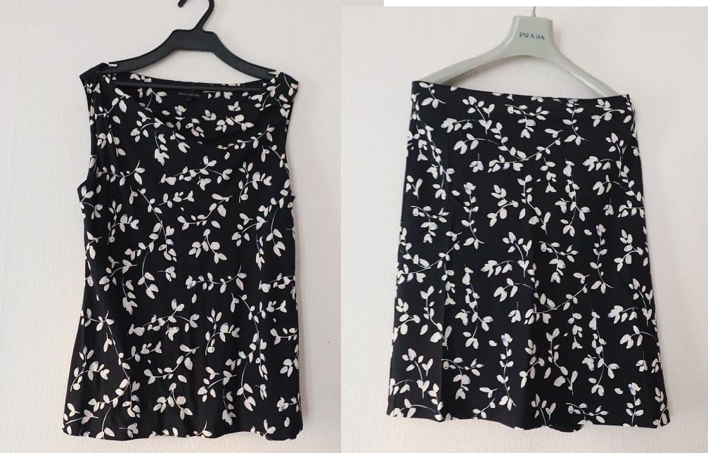 MARC JACOBS マークジェイコブス ノースリーブシャツブラウス フレアスカート 4 上品なリーフ柄 美品 セットアップ ツーピース拍卖