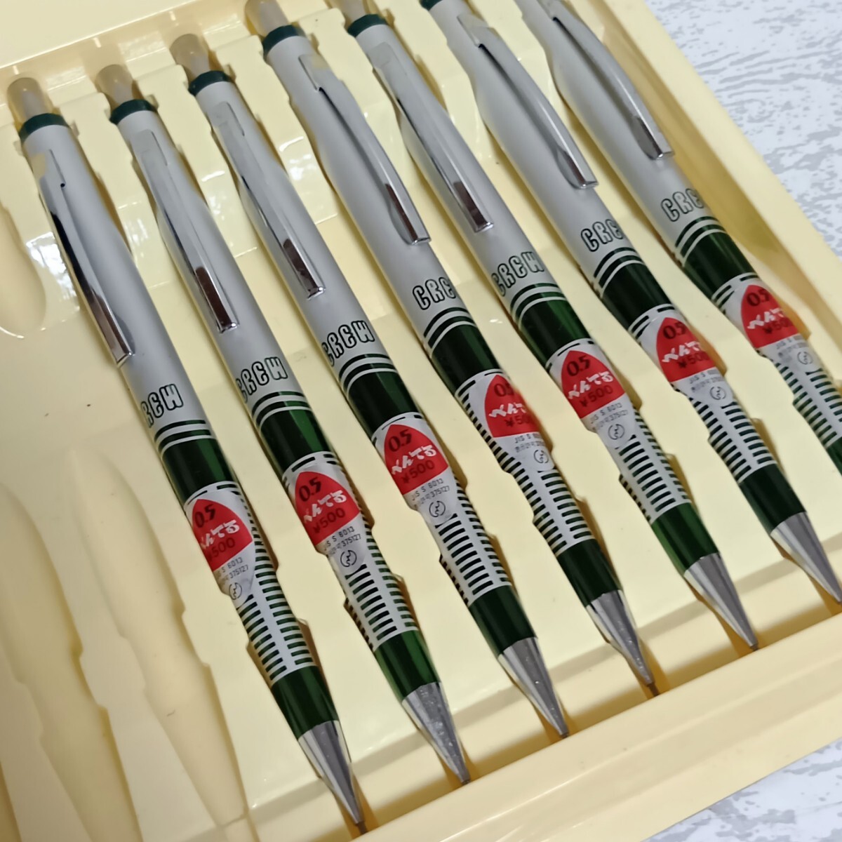 新品 昭和レトロ Pentel MP CREW P575 ぺんてる シャーペン 0.5mm グリーン 7本セット オリジナルペントレー付き拍卖