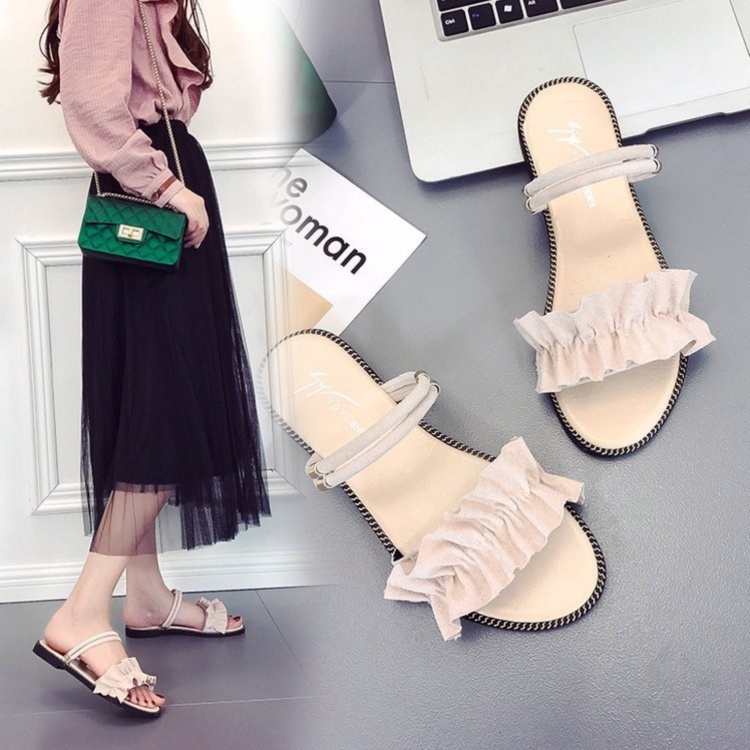 送料無料★即納 新品 華奢見え細ストラップサンダル フリル ペタンコサンダル 可愛い フラットサンダル サンダル★40/ベージュ拍卖