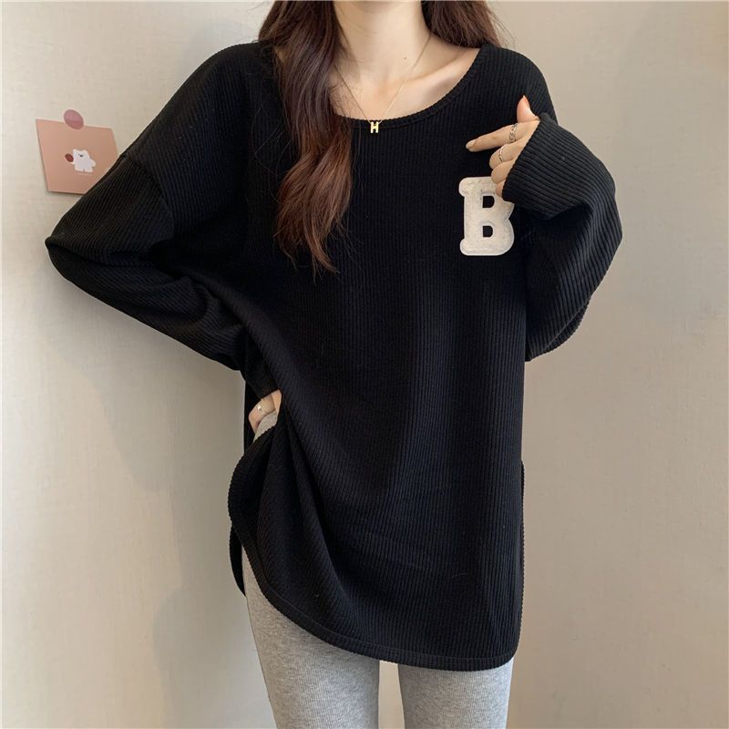 送料無料★新品 ゆったり ラウンドネック 長袖 リブニット チュニック ワンポイント チュニック カジュアル レディース★ブラック拍卖