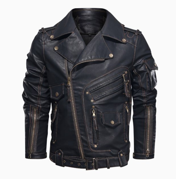 2025年の新型の紳士服の革のコートの欧符号机関車の多ポケットタフな男のpu皮襟を返して皮春秋装L拍卖