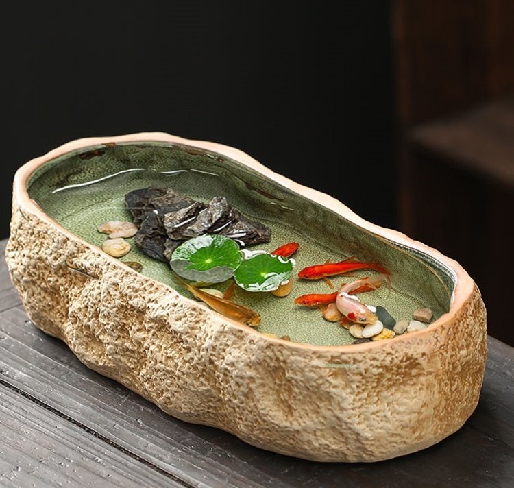 古法養魚生態壺造景碗蓮盆家庭用陶磁盆卓上創意装飾拍卖