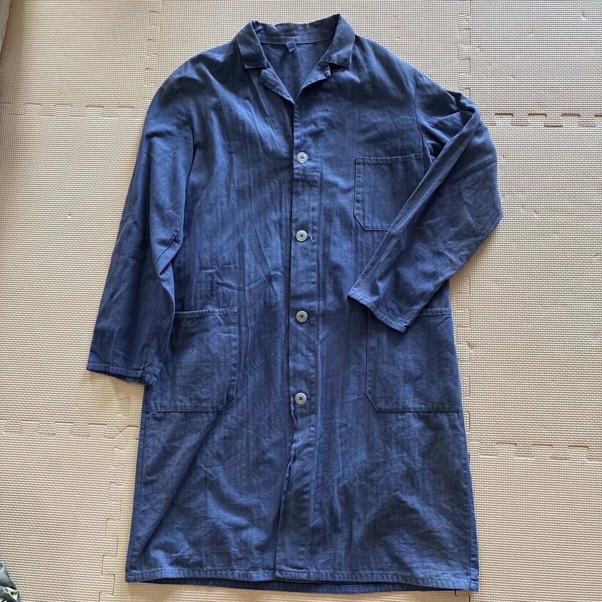 【Euro Vintage】ユーロビンテージ ヘリンボーン ショップコート サイズM-L相当 細身 ブルー ネイビー拍卖