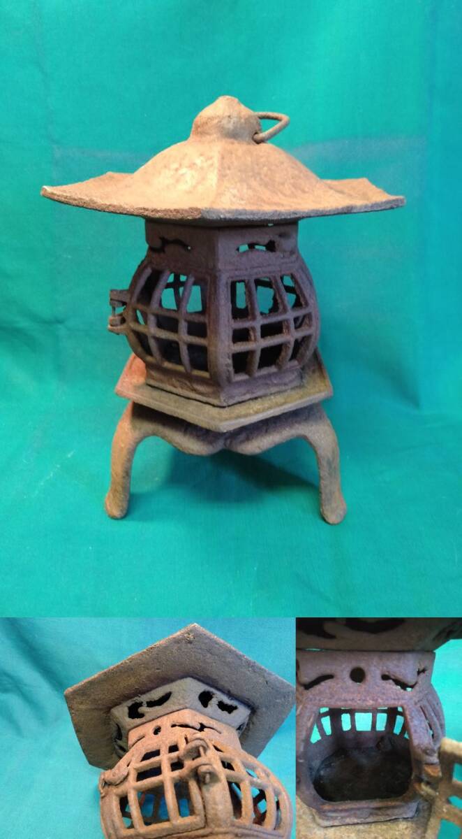 鉄燈籠 吊燈籠 篝火 軒燈籠 高さ30.5幅25.0 委託品 灯明拍卖