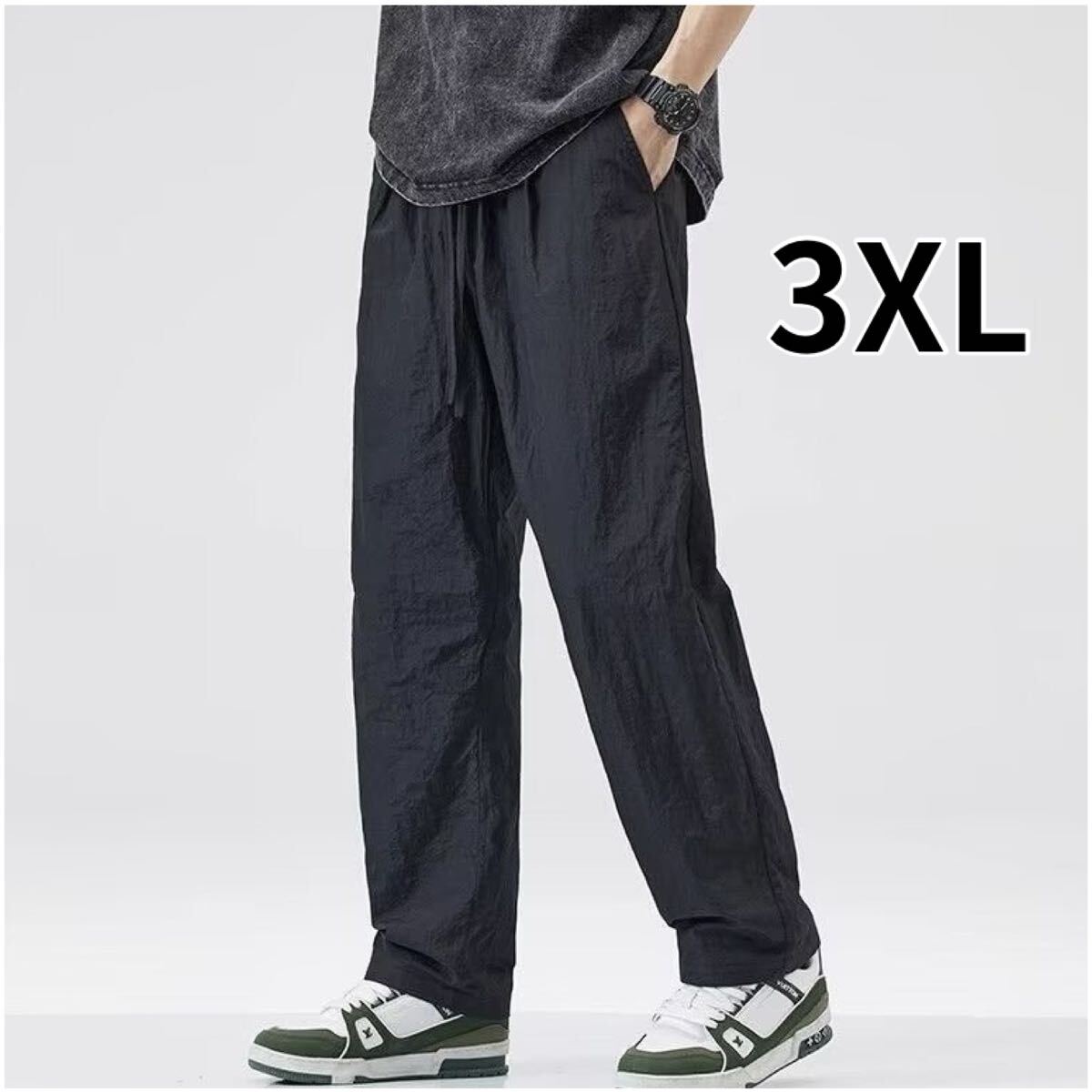 メンズ イージーパンツ 薄手 ワイドパンツ ストレート ストレッチ カジュアル 黒 ブラック 3XL 4L拍卖