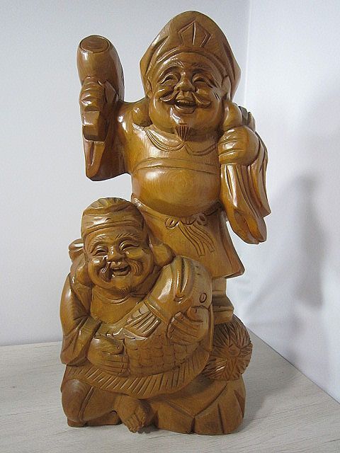 【引取限定】埼玉県 大黒天 恵比寿 七福神 置物 木製 縁起物 木彫り インテリア オブジェ 高さ約60㎝ 【中古】YO9038KAW拍卖