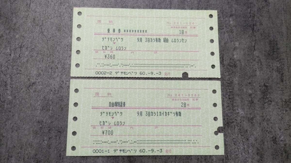 国鉄「伊達紋別→東室蘭」乗車券と自由席特急券拍卖